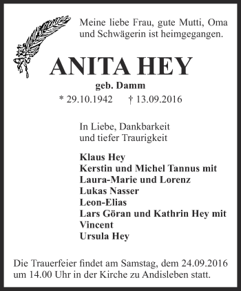 Traueranzeige von Anita Hey von Thüringer Allgemeine, Thüringische Landeszeitung