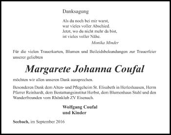 Traueranzeige von Margarete Johanna Coufal von Thüringer Allgemeine, Thüringische Landeszeitung