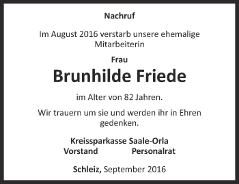 Traueranzeige von Brunhilde Friede von Ostthüringer Zeitung