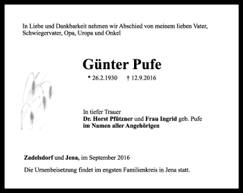 Traueranzeige von Günter Pufe von Ostthüringer Zeitung