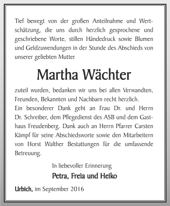 Traueranzeige von Martha Wächter von Thüringer Allgemeine, Thüringische Landeszeitung