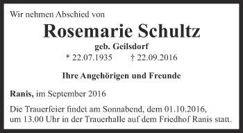 Traueranzeige von Rosemarie Schultz von Ostthüringer Zeitung