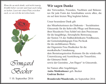 Traueranzeige von Irmgard Becker von Thüringer Allgemeine
