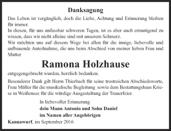 Traueranzeige von Ramona Holzhause von Thüringer Allgemeine