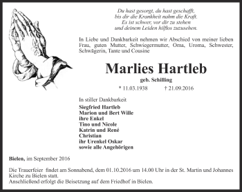 Traueranzeige von Marlies Hartleb von Thüringer Allgemeine