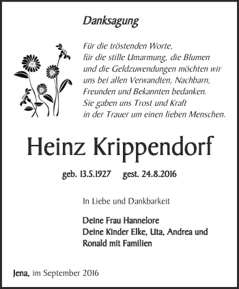 Traueranzeige von Heinz Krippendorf von Ostthüringer Zeitung, Thüringische Landeszeitung