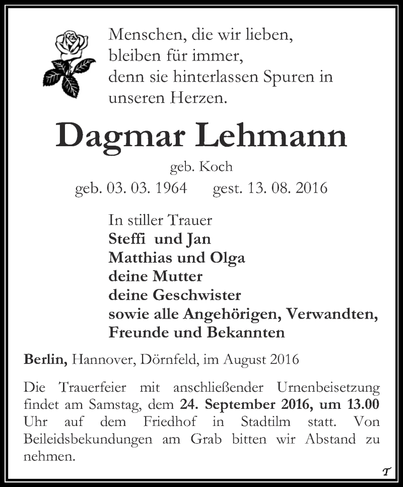 Traueranzeigen von Dagmar Lehmann | trauer-in-thueringen.de