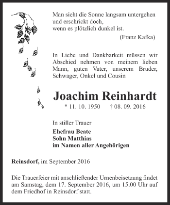 Traueranzeige von Joachim Reinhardt von Thüringer Allgemeine