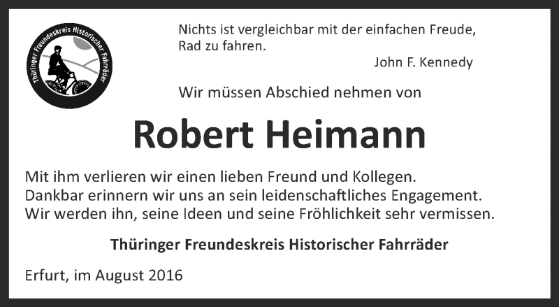  Traueranzeige für Robert Heimann vom 03.09.2016 aus Thüringer Allgemeine, Thüringische Landeszeitung