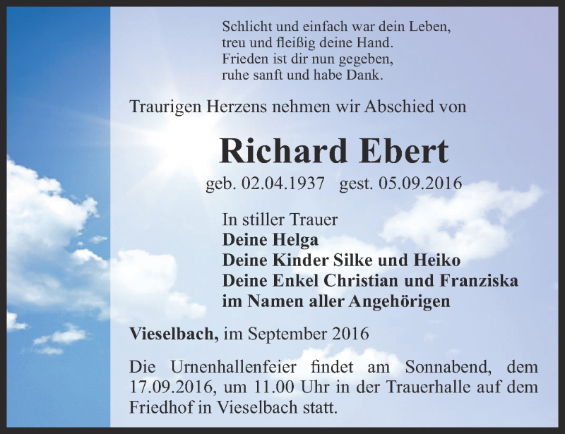  Traueranzeige für Richard Ebert vom 10.09.2016 aus Thüringer Allgemeine, Thüringische Landeszeitung