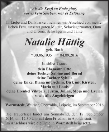 Traueranzeige von Natalie Hüttig von Thüringer Allgemeine, Thüringische Landeszeitung
