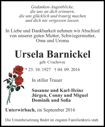 Traueranzeige von Ursela Barnickel von Ostthüringer Zeitung