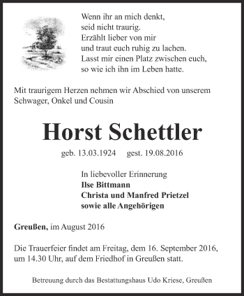 Traueranzeige von Horst Schettler von Thüringer Allgemeine