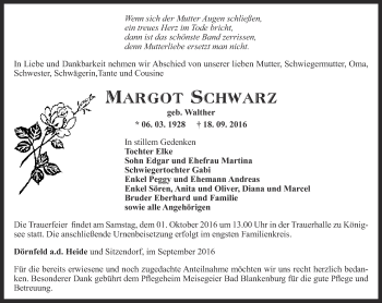 Traueranzeige von Margot Schwarz von Ostthüringer Zeitung