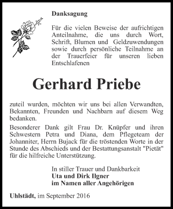 Traueranzeige von Gerhard Priebe von Ostthüringer Zeitung