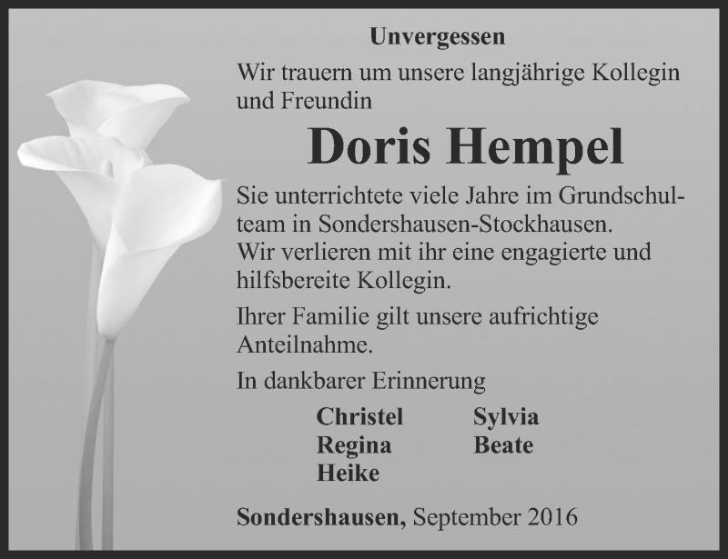  Traueranzeige für Doris Hempel vom 17.09.2016 aus Thüringer Allgemeine