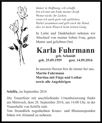 Traueranzeige von Karla Fuhrmann von Thüringer Allgemeine