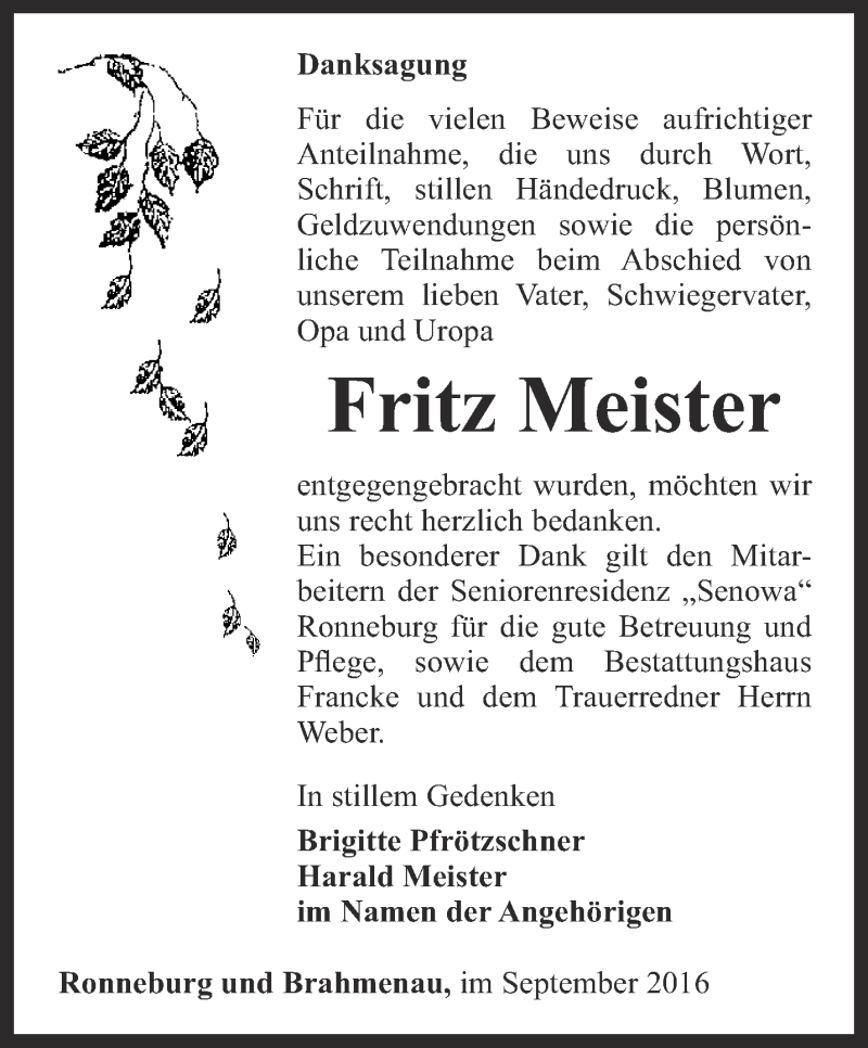  Traueranzeige für Fritz Meister vom 10.09.2016 aus Ostthüringer Zeitung