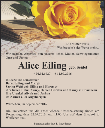 Traueranzeige von Alice Eiling von Thüringer Allgemeine