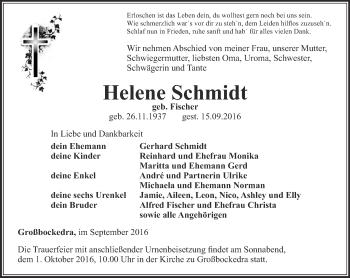 Traueranzeige von Helene Schmidt von Ostthüringer Zeitung, Thüringische Landeszeitung