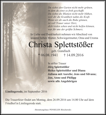 Traueranzeige von Christa Splettstößer von Thüringer Allgemeine