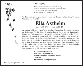 Traueranzeige von Ella Axthelm von Thüringer Allgemeine