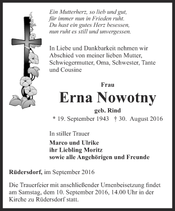 Traueranzeige von Erna Nowotny von Ostthüringer Zeitung