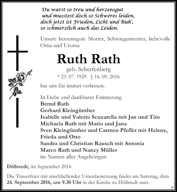 Traueranzeige von Ruth Rath von Thüringer Allgemeine