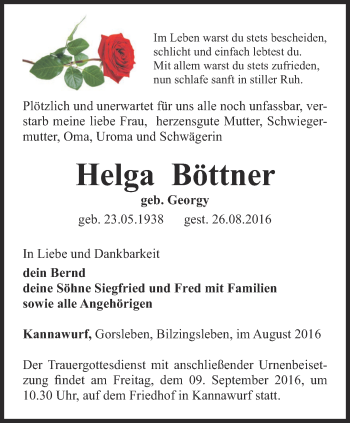 Traueranzeige von Helga Böttner von Thüringer Allgemeine