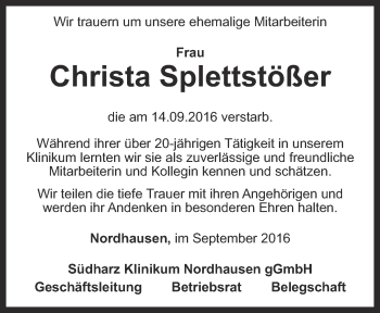 Traueranzeige von Christa Splettstößer von Thüringer Allgemeine