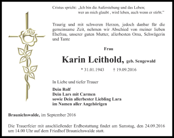 Traueranzeige von Karin Leithold von Ostthüringer Zeitung
