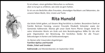 Traueranzeige von Rita Hunold von Thüringer Allgemeine