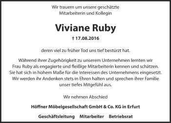 Traueranzeige von Viviane Ruby von Thüringer Allgemeine, Thüringische Landeszeitung