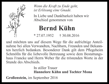 Traueranzeige von Bernd Kühn von Ostthüringer Zeitung