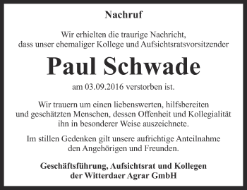 Traueranzeige von Paul Schwade von Thüringer Allgemeine, Thüringische Landeszeitung