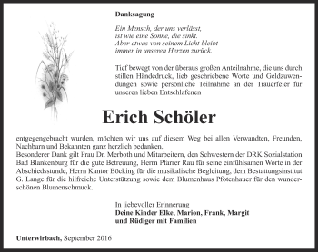 Traueranzeige von Erich Schöler von Ostthüringer Zeitung