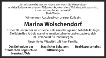 Traueranzeige von Marina Wolschendorf von Ostthüringer Zeitung