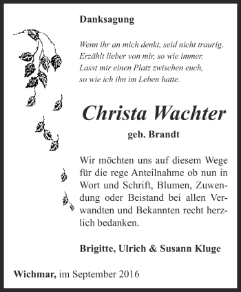 Traueranzeige von Christa Wachter von Ostthüringer Zeitung, Thüringische Landeszeitung