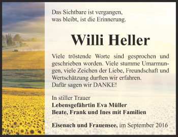 Traueranzeige von Willi Heller von Thüringer Allgemeine, Thüringische Landeszeitung