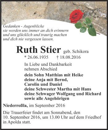 Traueranzeige von Ruth Stier von Thüringer Allgemeine, Thüringische Landeszeitung