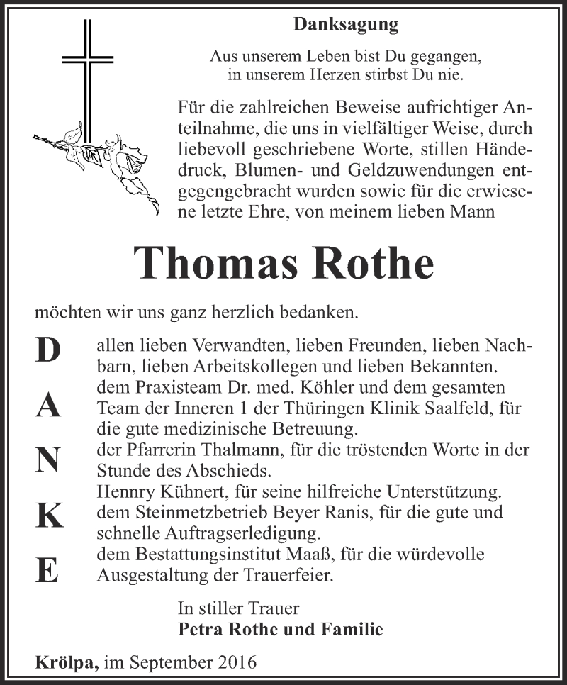  Traueranzeige für Thomas Rothe vom 17.09.2016 aus Ostthüringer Zeitung
