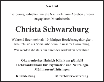 Traueranzeige von Christa Schwarzburg von Thüringer Allgemeine, Thüringische Landeszeitung