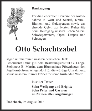 Traueranzeige von Otto Schachtzabel von Ostthüringer Zeitung