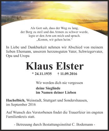 Traueranzeige von Klaus Elster von Thüringer Allgemeine