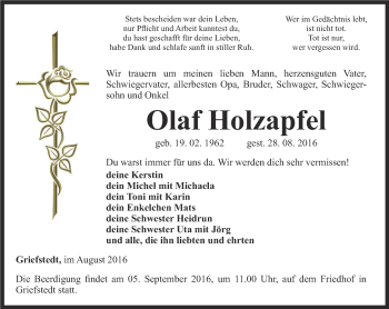 Traueranzeige von Olaf Holzapfel von Thüringer Allgemeine