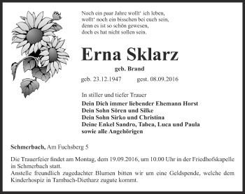 Traueranzeige von Erna Sklarz von Ostthüringer Zeitung, Thüringische Landeszeitung