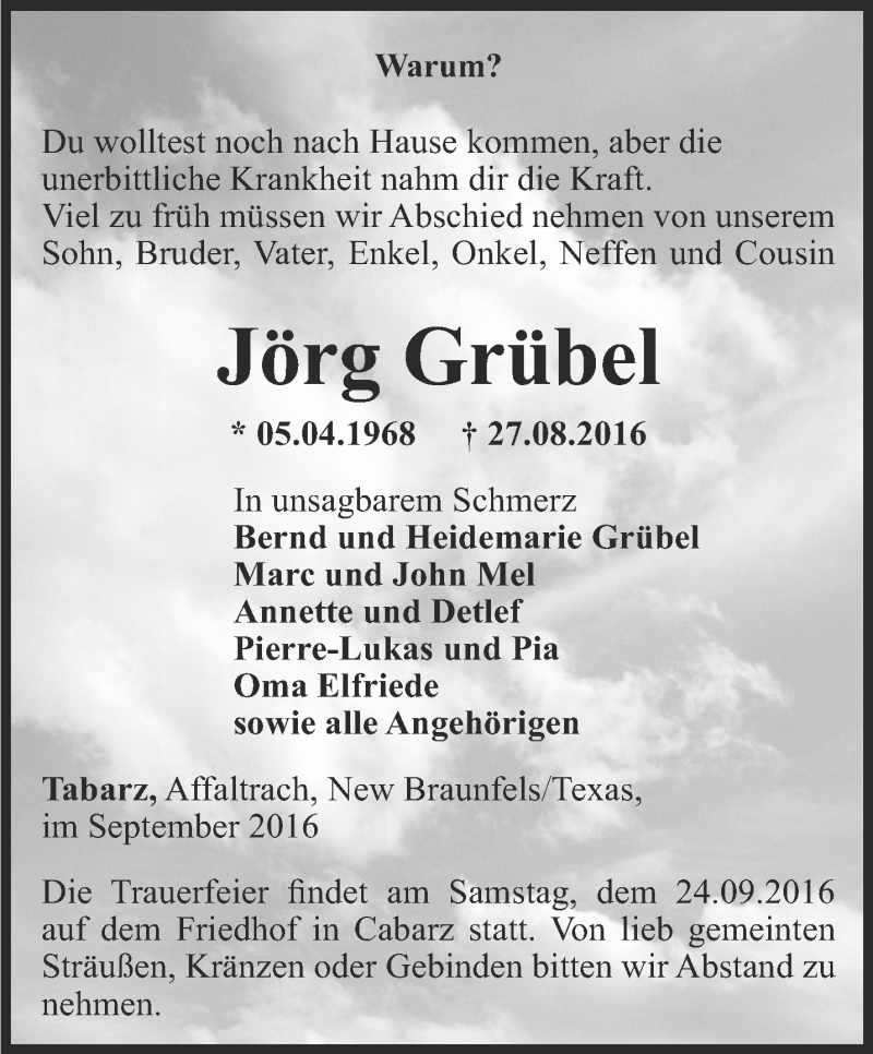 Traueranzeigen Von Jorg Grubel Trauer In Thueringen De