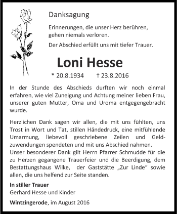 Traueranzeige von Loni Hesse von Thüringer Allgemeine