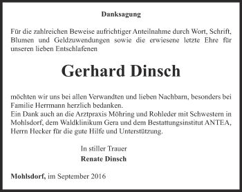 Traueranzeige von Gerhard Dinsch von Ostthüringer Zeitung