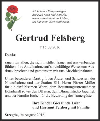 Traueranzeige von Gertrud Felsberg von Thüringer Allgemeine, Thüringische Landeszeitung